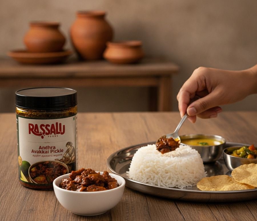 A South Indian thali of rice, dal and papad served with Andhra Avakkai Pickle
