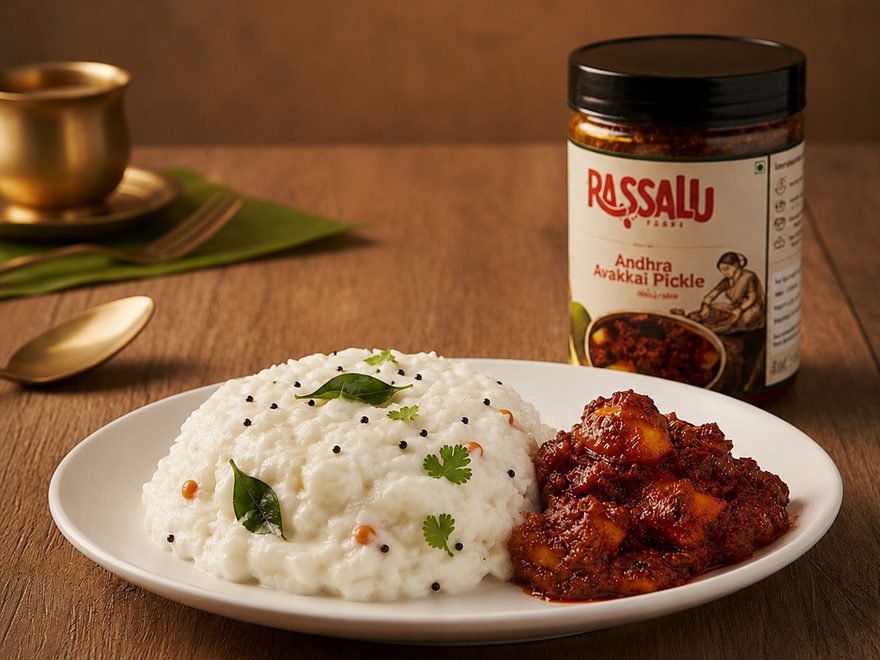 Andhra Avakkai Pickle served beside a bowl of curd rice