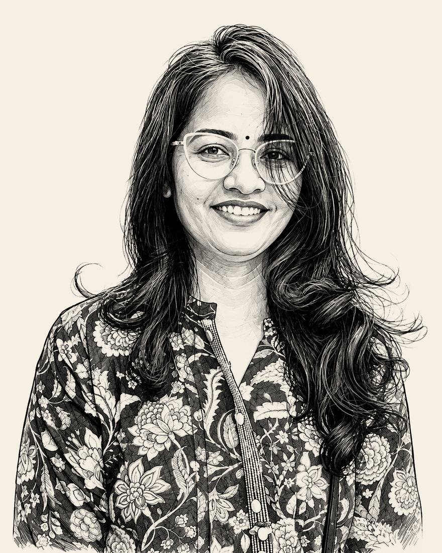 Illustrated portrait of Shanthi Priya PG, founder of Rassalu Foods