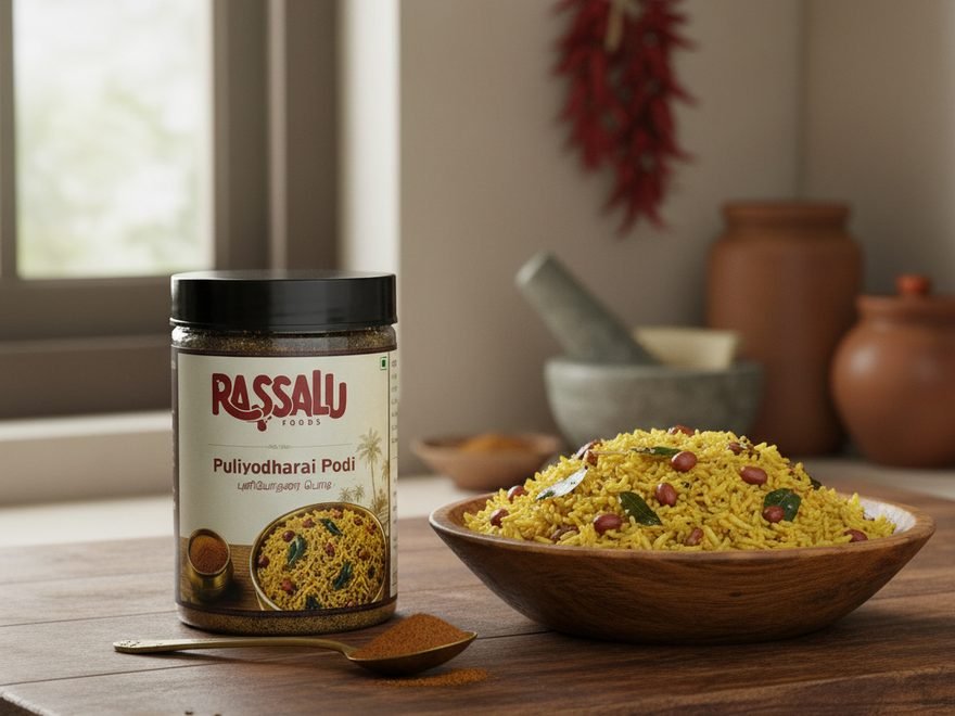 A bowl of tamarind rice made with Puliyodharai Podi, jar alongside in a home kitchen