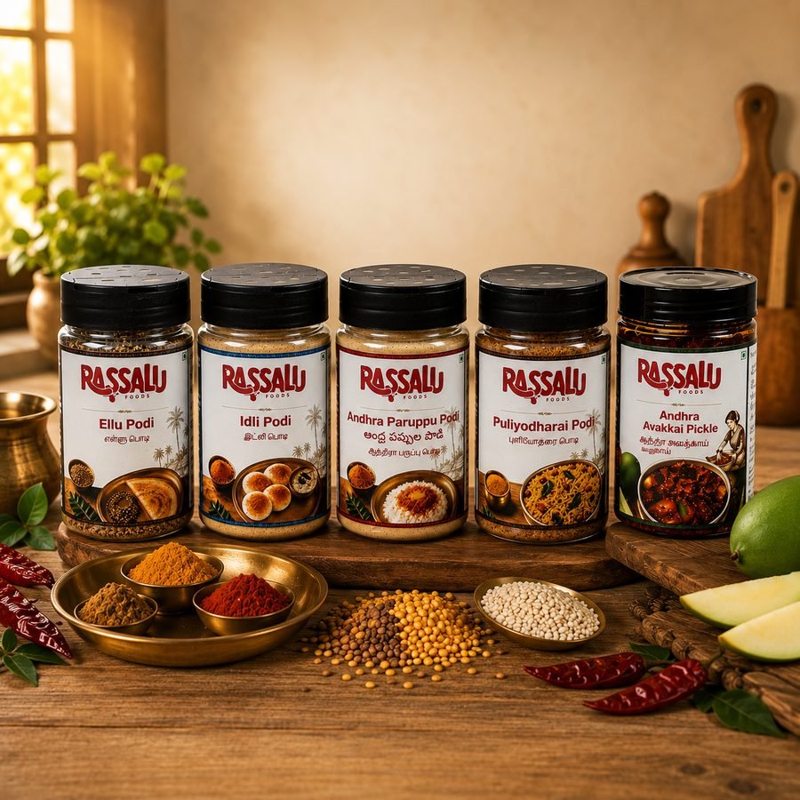 The full Rassalu Foods range — Ellu Podi, Idli Podi, Andhra Paruppu Podi, Puliyodharai Podi and Andhra Avakkai Pickle — lined up together