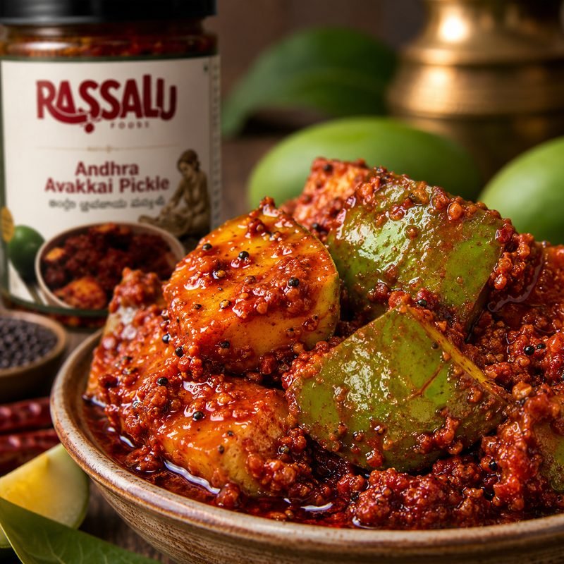 A close view of the mango pieces in Andhra Avakkai Pickle