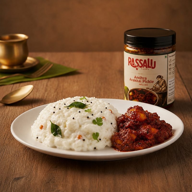 Avakkai pickle served alongside curd rice
