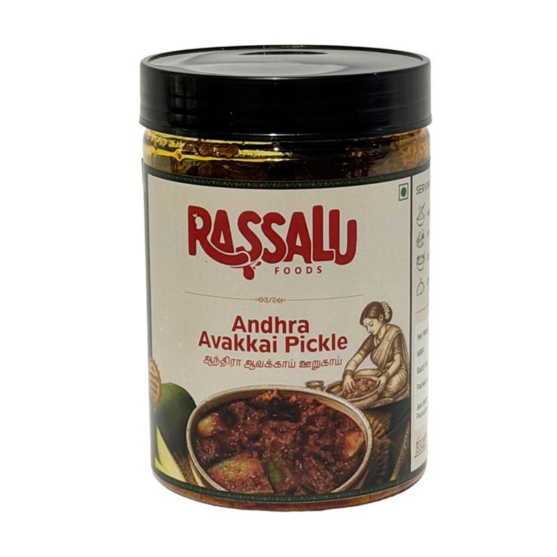 Andhra Avakkai Pickle in a Rassalu Foods jar