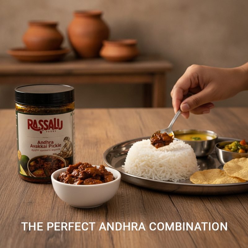 Avakkai pickle served with rice on a steel thali