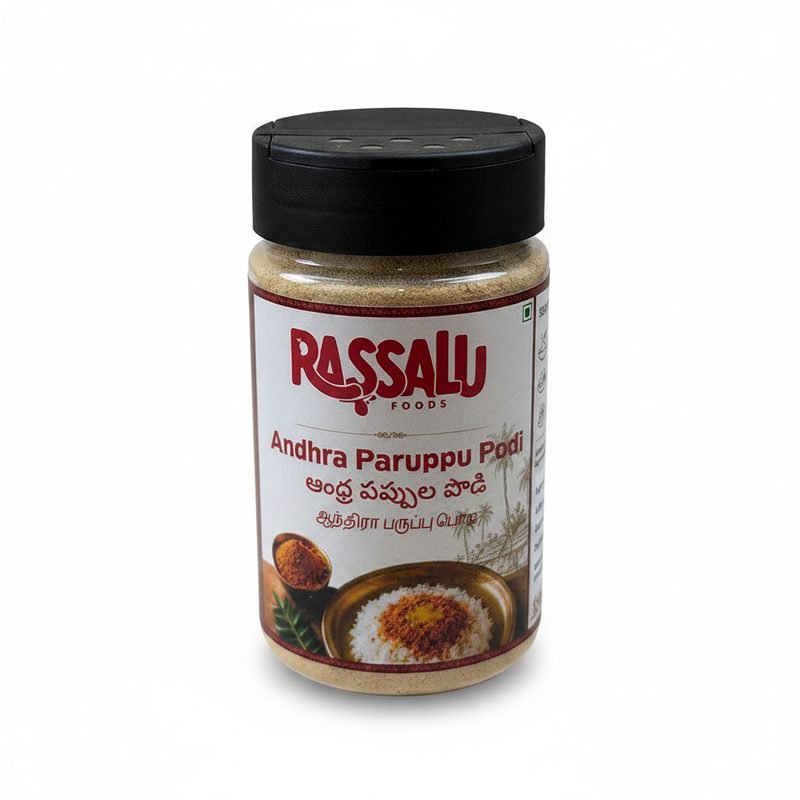Andhra Paruppu Podi in a Rassalu Foods shaker jar