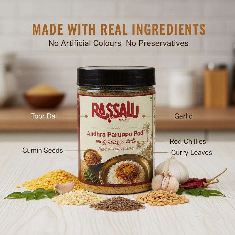 The ingredients used in Andhra Paruppu Podi laid out around the jar