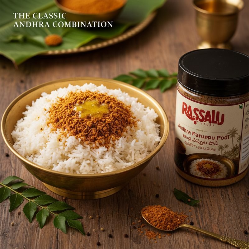 Paruppu Podi stirred into a bowl of hot rice beside the jar