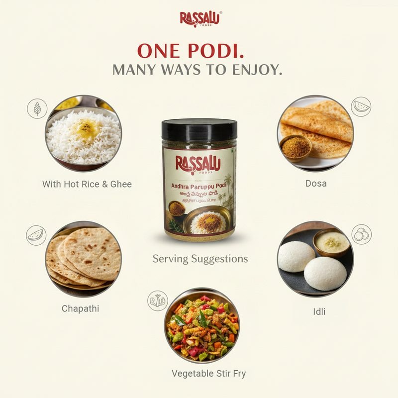 Serving suggestions for Paruppu Podi: hot rice and ghee, dosa, chapati, idli and vegetable stir fry