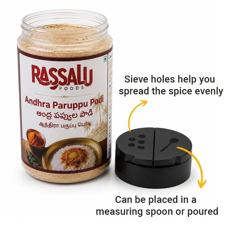 Andhra Paruppu Podi jar with its shaker lid alongside