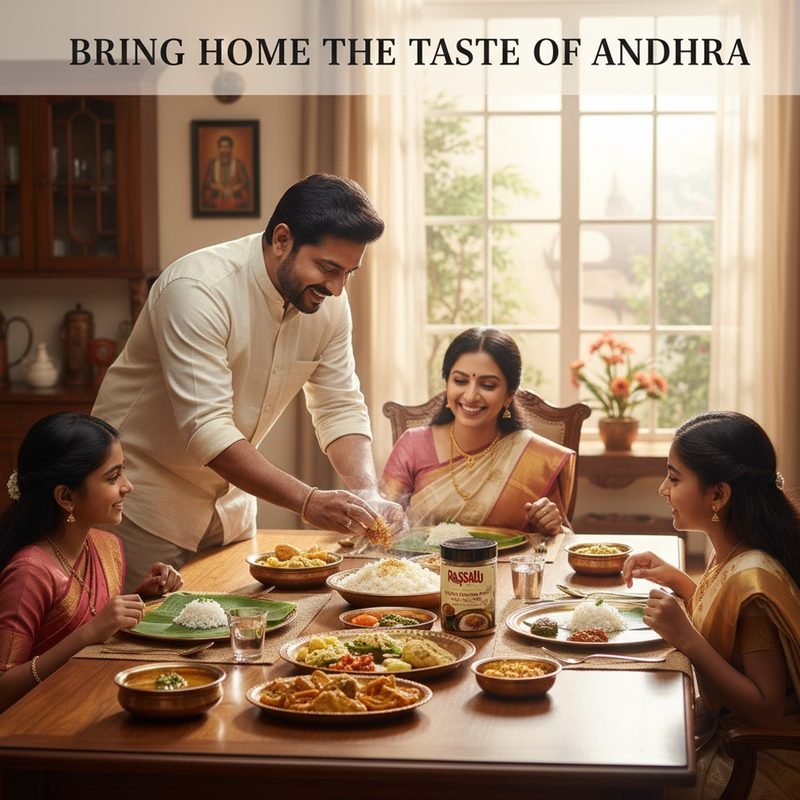 A family sharing a meal at a laid table with Rassalu Foods jars