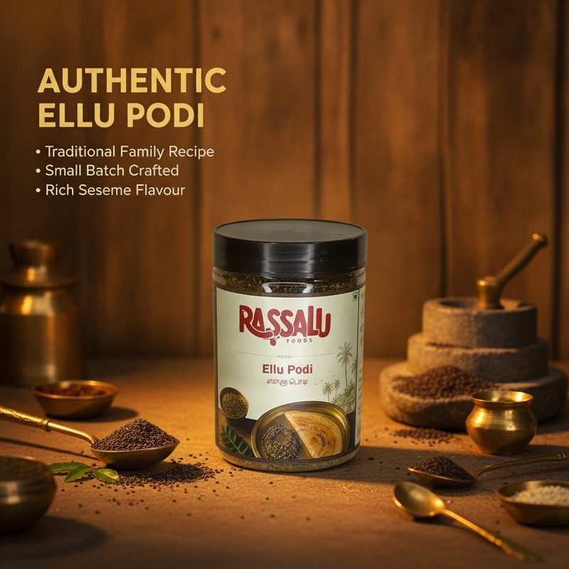 Ellu Podi jar beside a traditional stone grinder