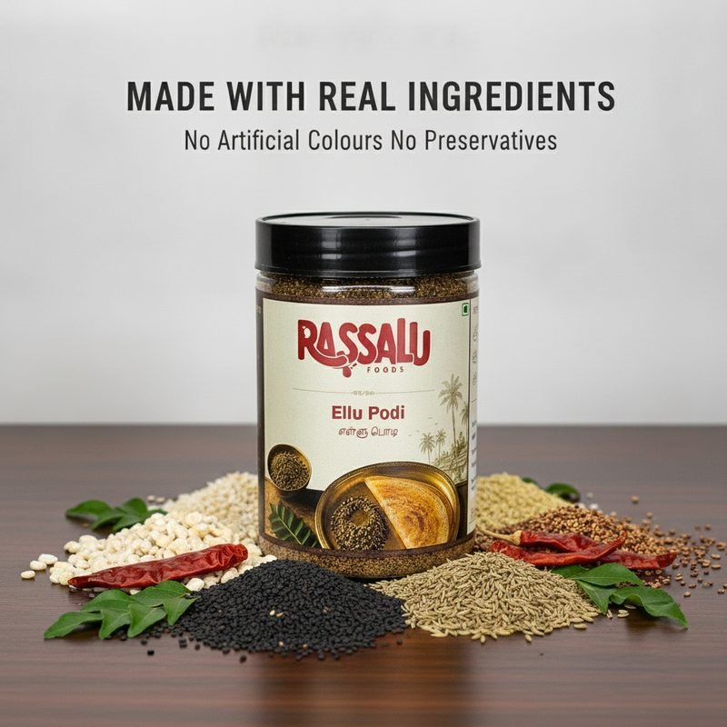 Sesame, lentils and chillies laid out around the Ellu Podi jar