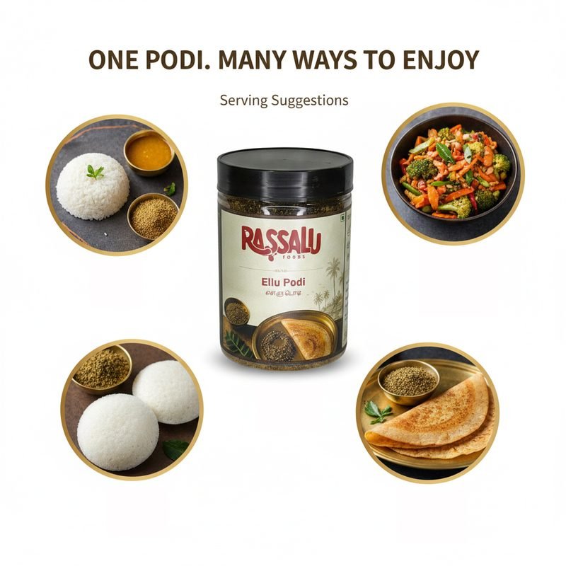 Serving suggestions for Ellu Podi with rice, idli and dosa