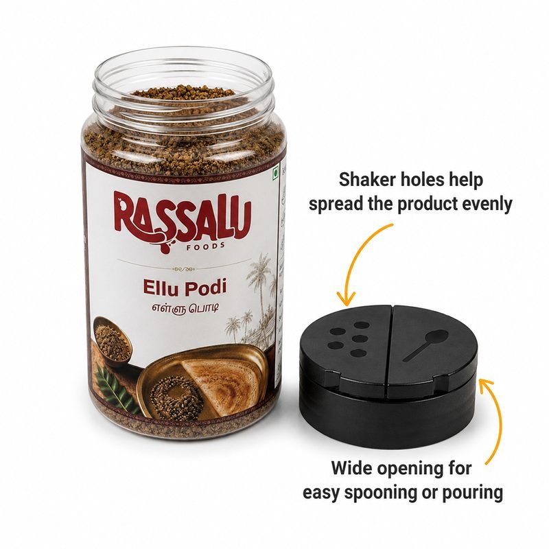 Open Ellu Podi jar beside its two-part shaker and spoon lid