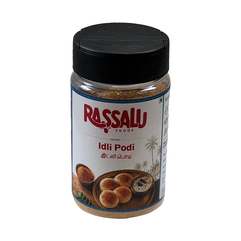 Idli Podi in a 150 g Rassalu Foods shaker jar