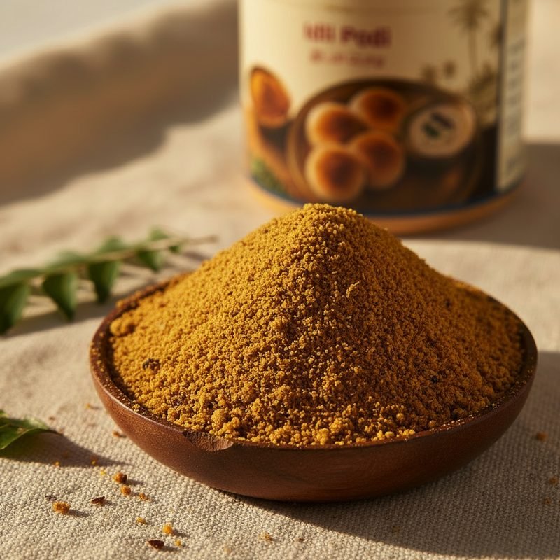 A close view of the ground Idli Podi in a wooden bowl
