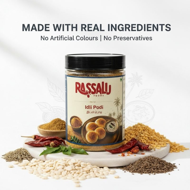 The ingredients used in Idli Podi laid out around the jar