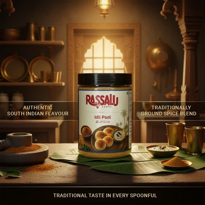 Idli Podi jar photographed in a traditional South Indian kitchen