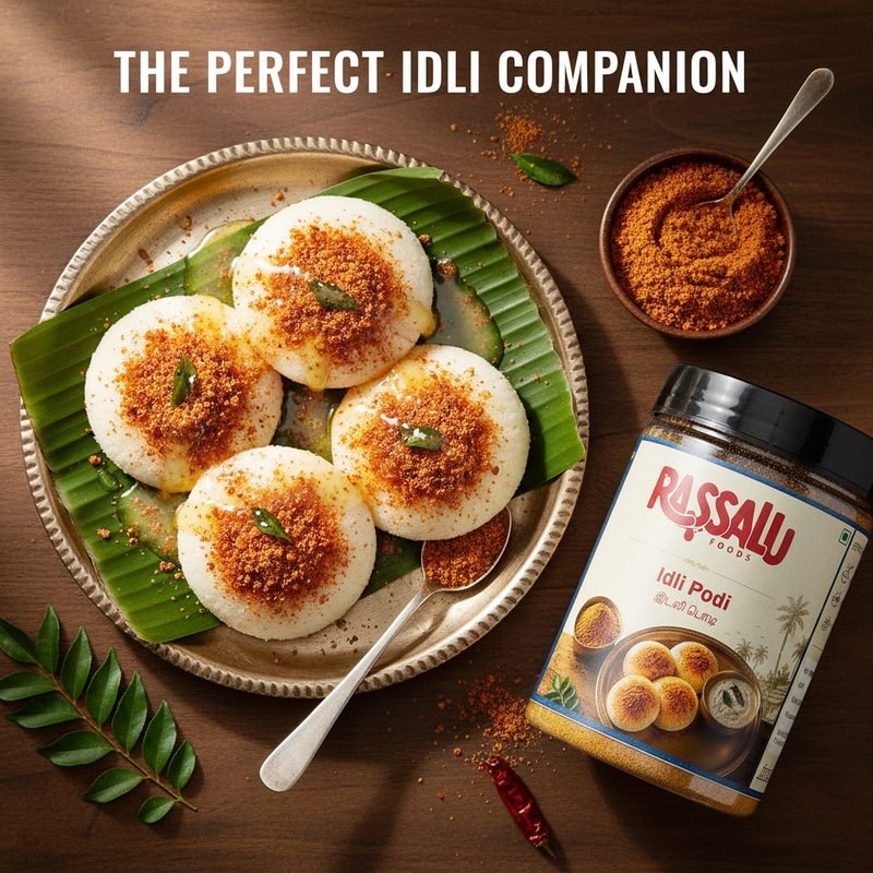 Idli served on a banana leaf with Idli Podi alongside