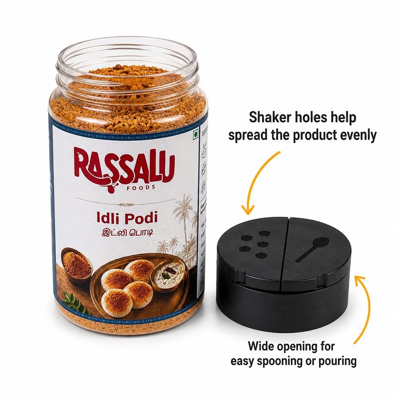 Open Idli Podi jar beside its two-part shaker and spoon lid