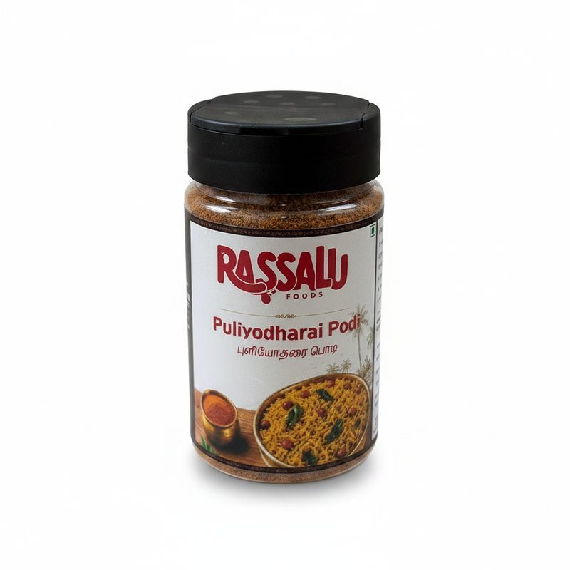 Puliyodharai Podi in a 150 g Rassalu Foods shaker jar