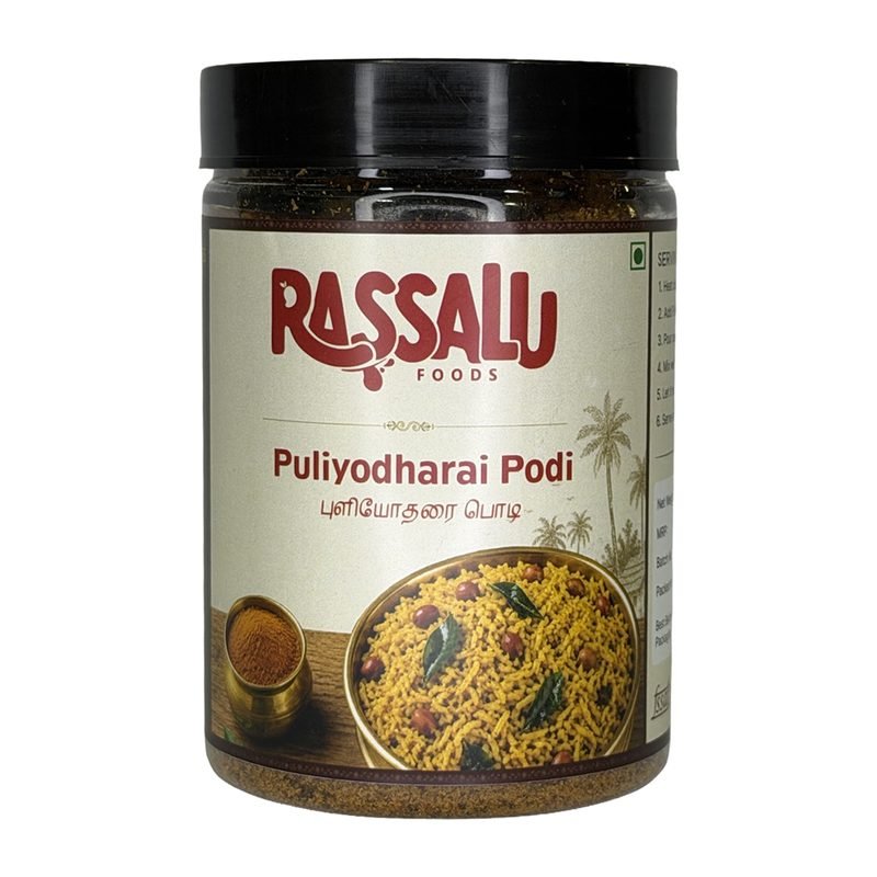 Puliyodharai Podi jar, front label