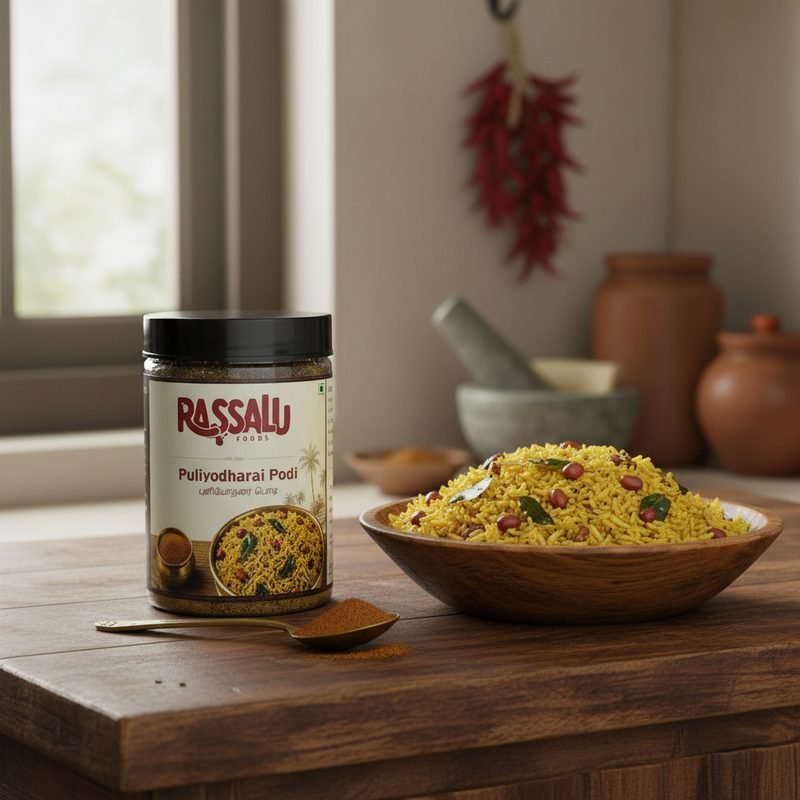 Tamarind rice made with Puliyodharai Podi, served beside the jar