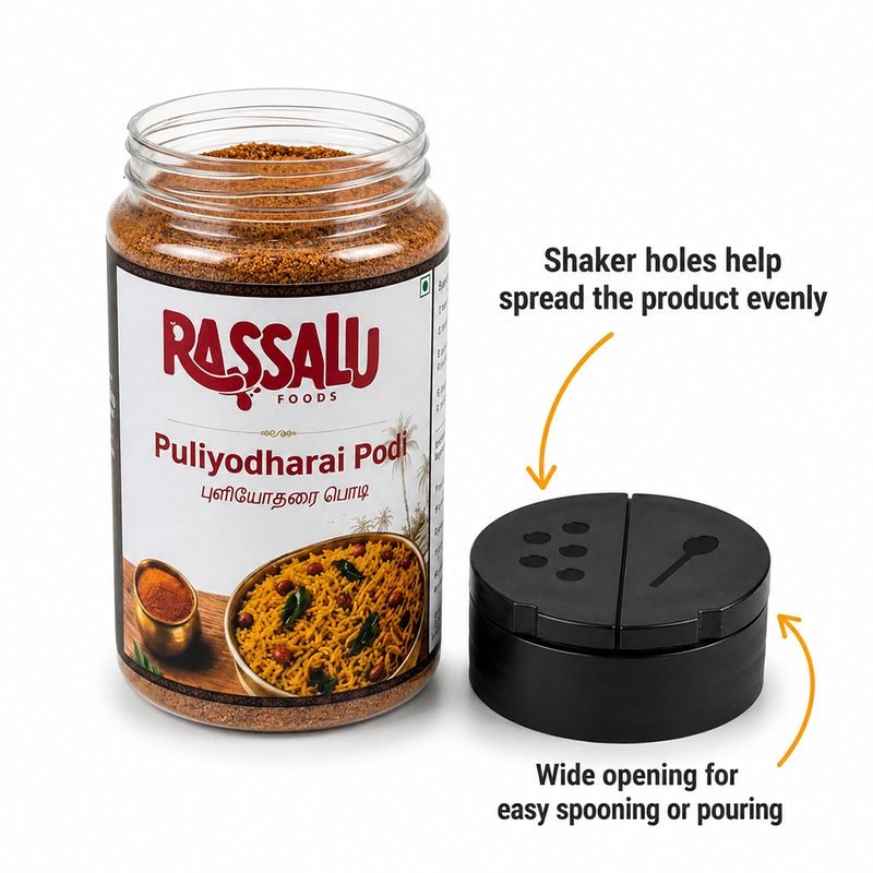 Open Puliyodharai Podi jar beside its two-part shaker and spoon lid