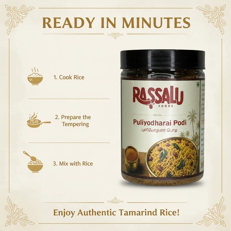 Three steps for making tamarind rice: cook rice, prepare the tempering, mix with rice